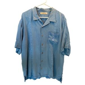 Tommy Bahama Mens Blue 100% Silk Short Sleeve Button Up Shirt XL Pineapple